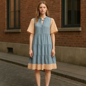 Denim dress upcycled with blush Cream sleeves sz small